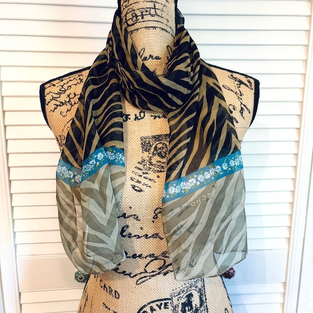 Echo Zebra Animal Print Floral Scarf Tan Black Brown Blue